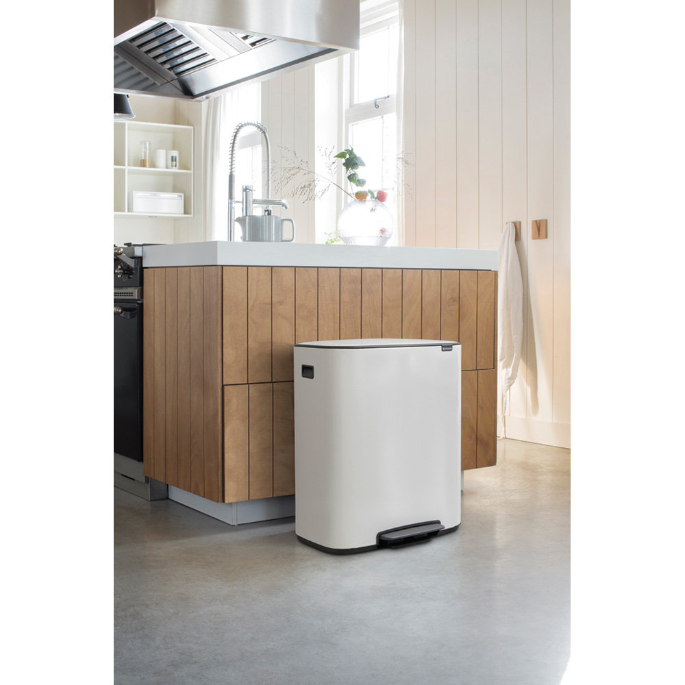Brabantia Bo Step On Dual Compartment Recycling Trash Can, 2 x 8 Gallon (16 Gallon Capacity), White