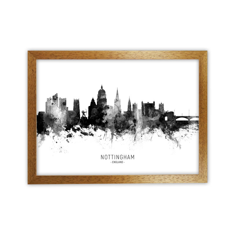 Nottingham England Skyline Black White City Name by Michael Tompsett - Print, Brown Framed, 46cm H x 63cm W x 3cm D