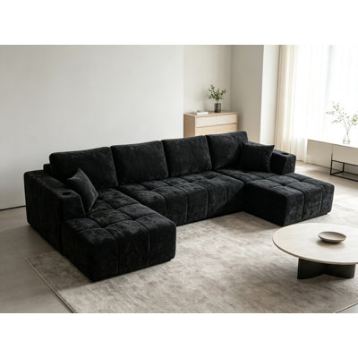 132" Black U‑Shaped Modular Chenille Sectional Sofa, 6‑Seat Cloud Compression Couch with Double Lounges, Cup Holders and Side Pockets, No‑Assembly Upholstered Sofa for Living Room Apartment