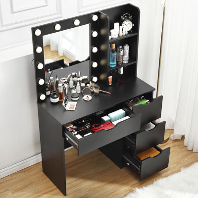 Black 36" Makeup Vanity with Lights & Power Outlet, Lighted Mirror Vanity Table