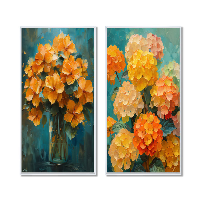 Hortensia orange et bleu qui fleurit en été I - ensemble d'art mural hortensia 2 pièces, H 28 po x l 24 po, Blanc