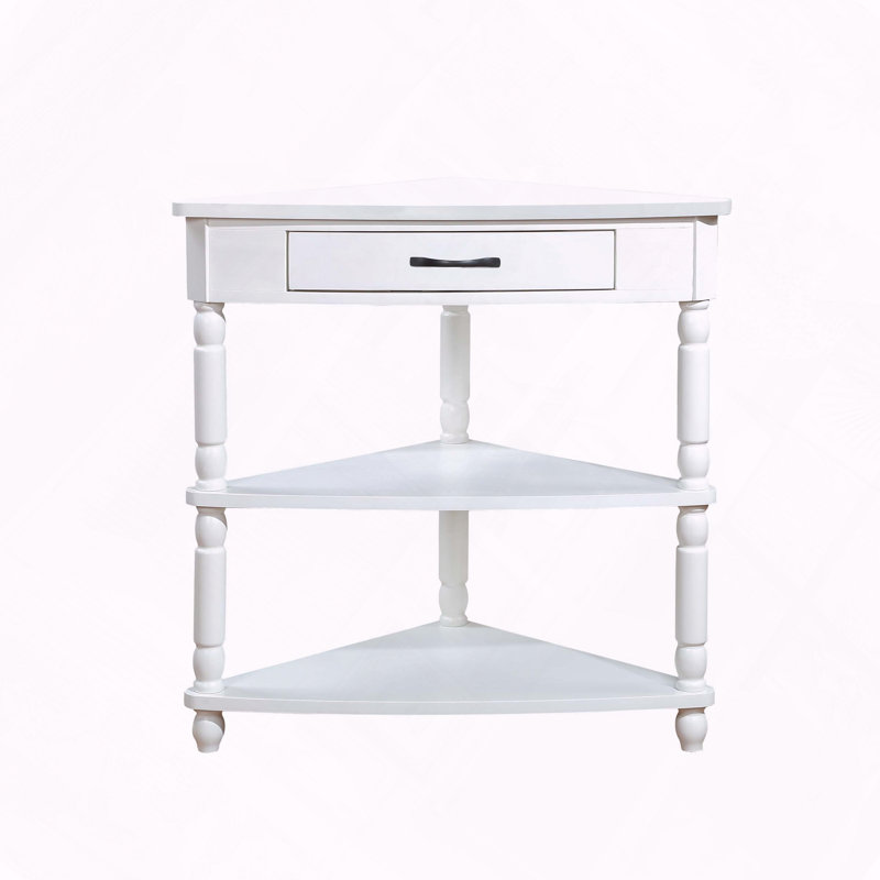 Table de coin triangulaire en bois à 3 niveaux avec pieds en bois massif, Blanc lait