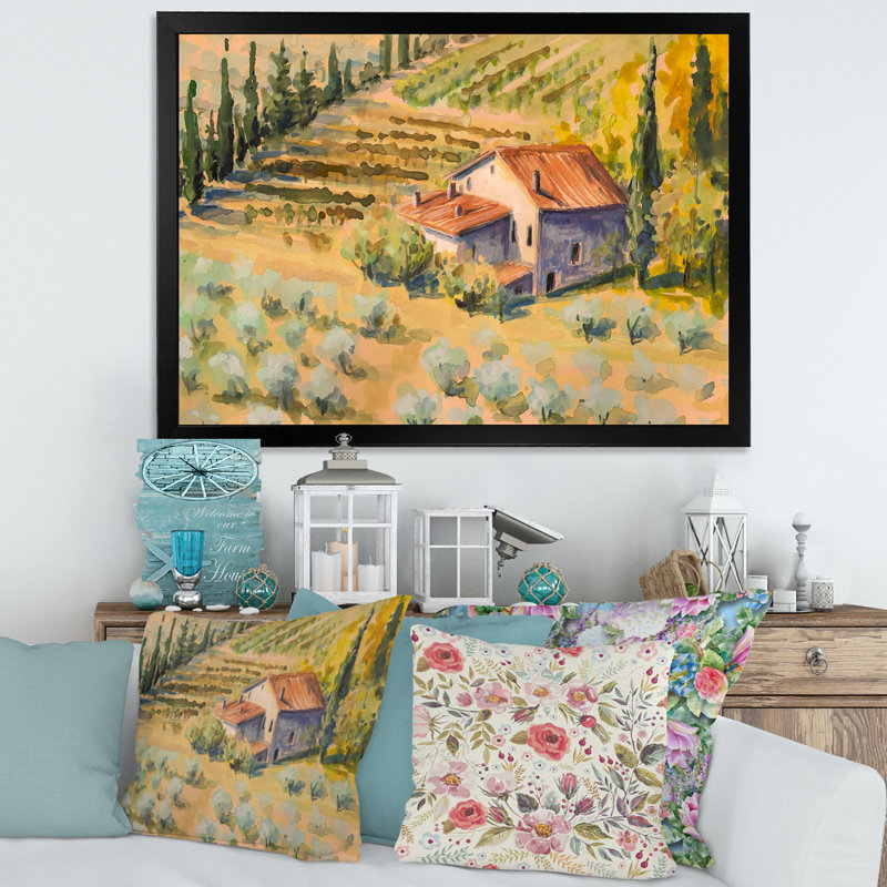Petite ferme à la campagne - Peinture sur toile, H 12 po x l 20 po x P 1,5 po, Toile avec cadre noir