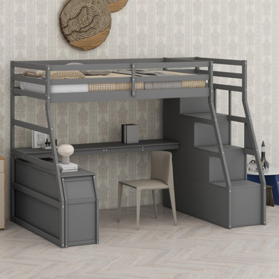 Lit mezzanine avec tiroirs, tablettes et bureau