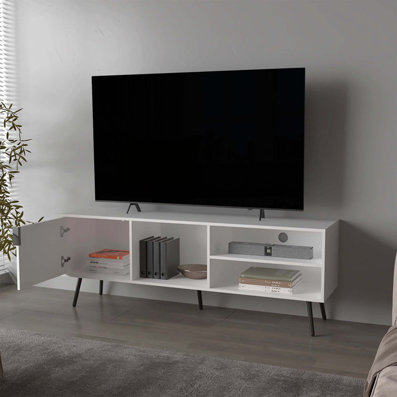 Meuble télé fonctionnel avec plusieurs options de rangement, idéal pour organiser les médias et les objets de décoration dans n'importe quel espace de vie
