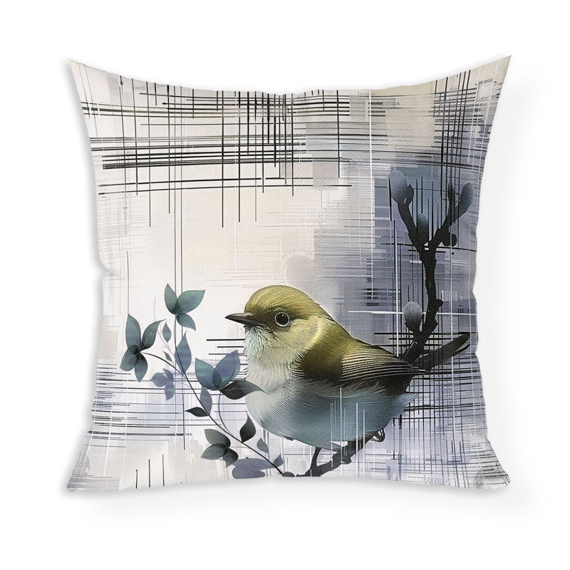 Coussin décoratif oiseau sur une branche, H 20 po x l 20 po, Bleu/gris