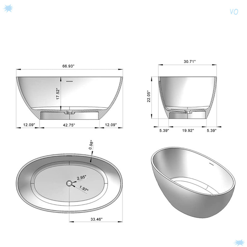 67 Inch Freestanding Solid Surface Soaking Bathtub