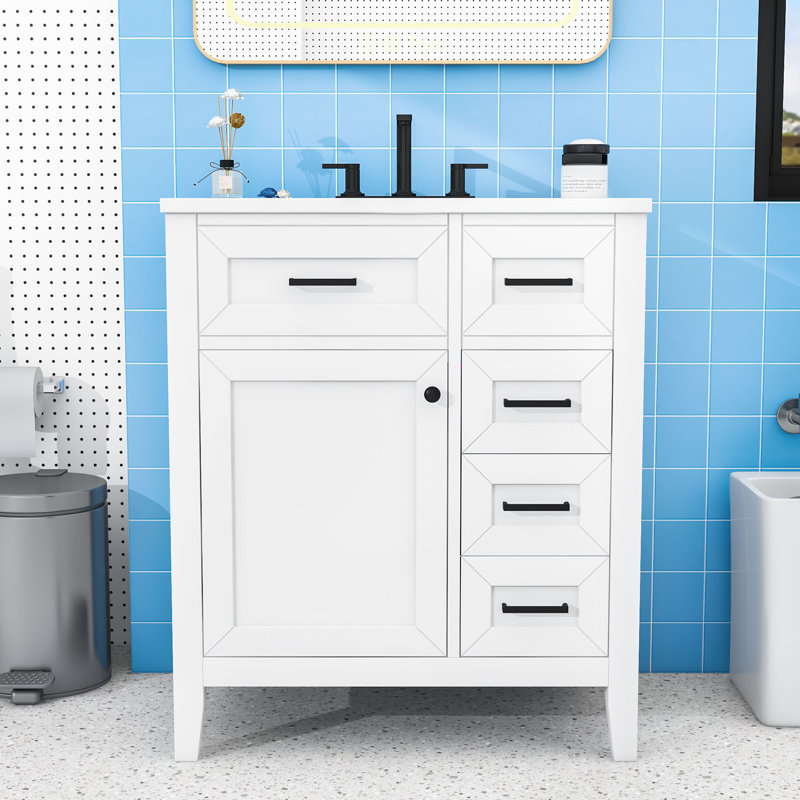 Meuble-lavabo de salle de bain avec lavabo en céramique, 3 tiroirs et armoire de rangement, Blanc
