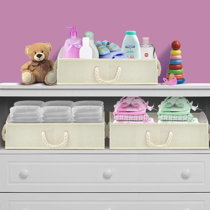 Beige Fabric Collapsible Storage Bins with Rope Handles, Set of 3