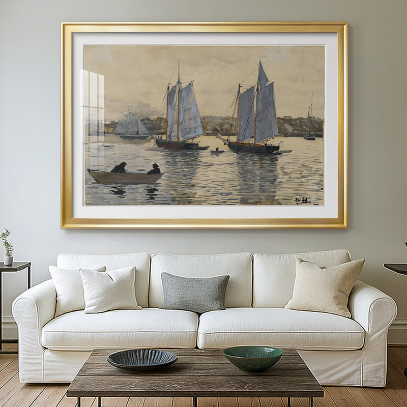 Schooners in Gloucester Harbor-Winslow Homer, reproduction encadrée avec passe-partout et verre 1873, 26,5 x 36,5, Doré