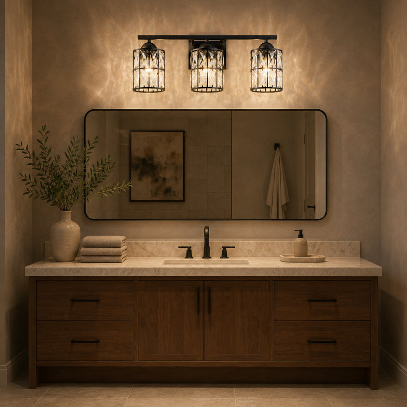 3-Light Black Metal and Crystal Vanity Light with E26 Base, Dimmable, UL Certified Bathroom Wall Fixture
