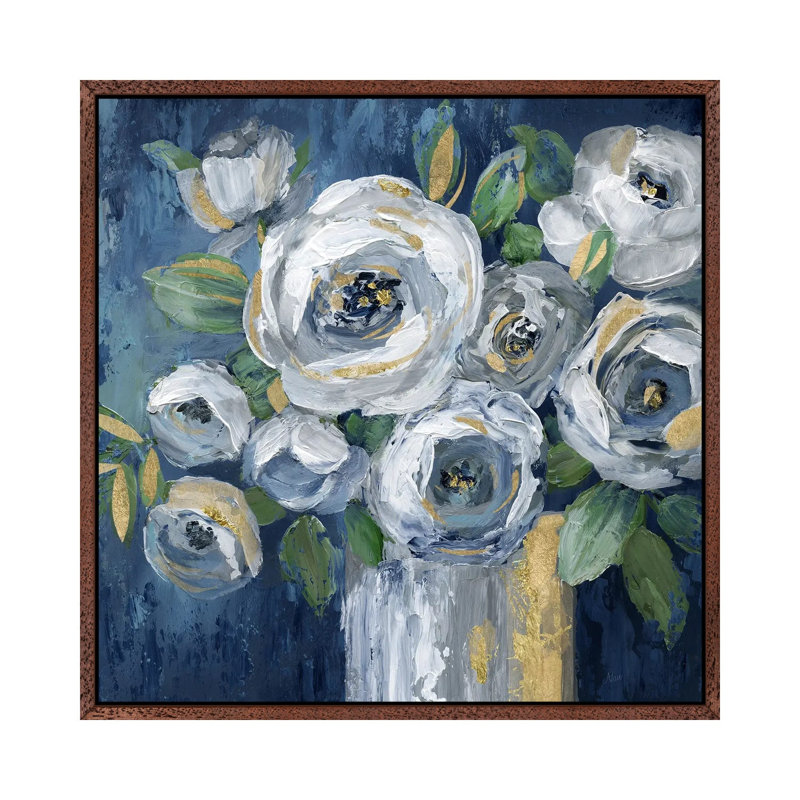 Indigo Touch Of Gold by Nan - Painting on Canvas, 45.72 cm H x 45.72 cm W, Classic Brown Wood Framed