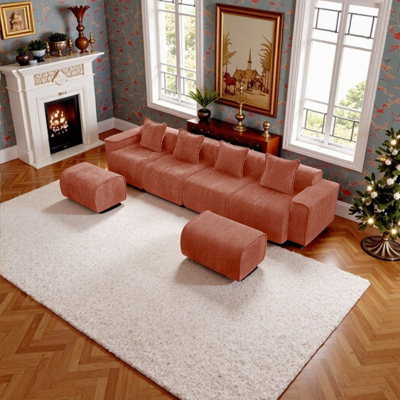 Canapé modulaire en U à 4 places avec 2 repose-pieds en velours sans assemblage requis, Red