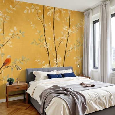 Papier peint adhésif à peler et à coller, branches d'oiseaux délicates, minimaliste, jaune, H 100 po x l 144 po, papier peint amovible en PVC pour chambre à coucher, bureau à domicile