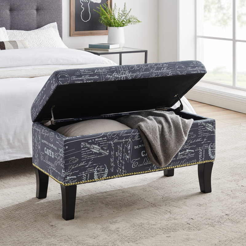 Pierro Upholstered Storage Bench, Gray Script