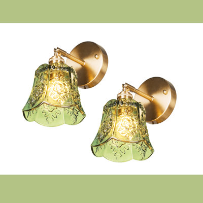 Vintage Green Glass Wall Sconce, Floral Pattern Wall Light With Adjustable Arm-2 Set Of