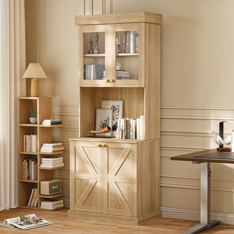Chen Double Glazed Doors and Open Countertop Cabinets &Bookcase, Brown