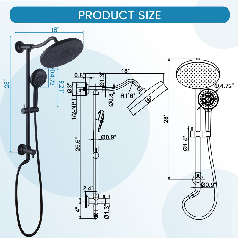10'' Rain Shower Head With 5-Function Handshower,Dual Shower Combo With Height Adjustable Holder