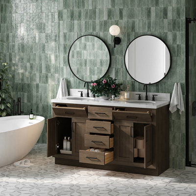 Meuble-lavabo double en bois massif Tidworth avec plateau en quartz blanc de 1,5 po