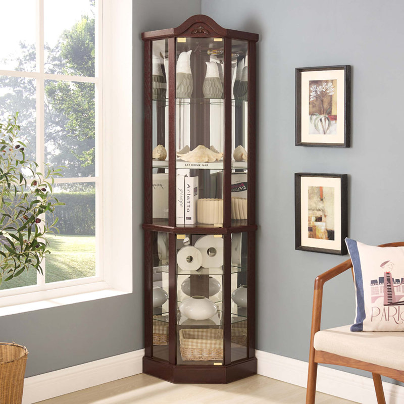 Lighted Glass Display Cabinet Corner Curio Cabinet with Adjustable Shelves Carved Wine Cabinet Perfect for Home or Office Use