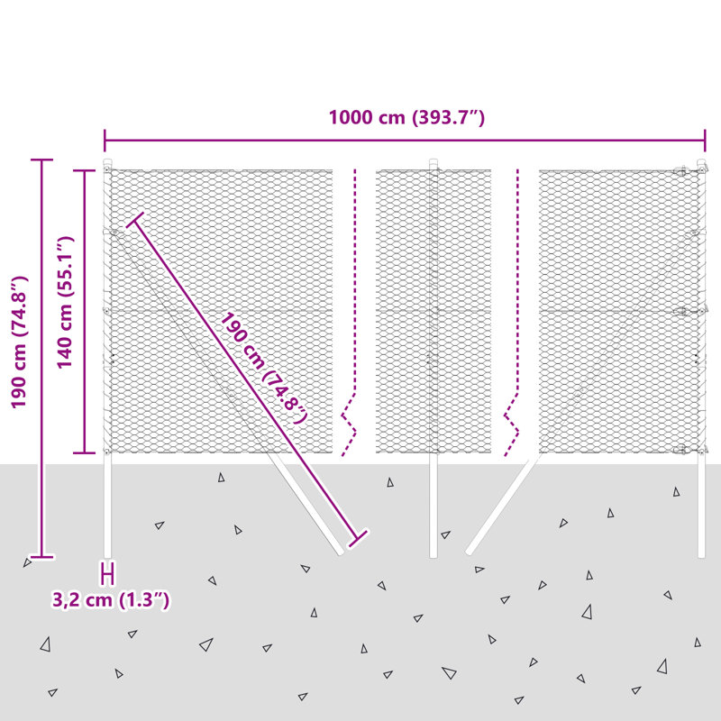 Hexagon Fence Steel, Grey, 140cm H x 1000cm W