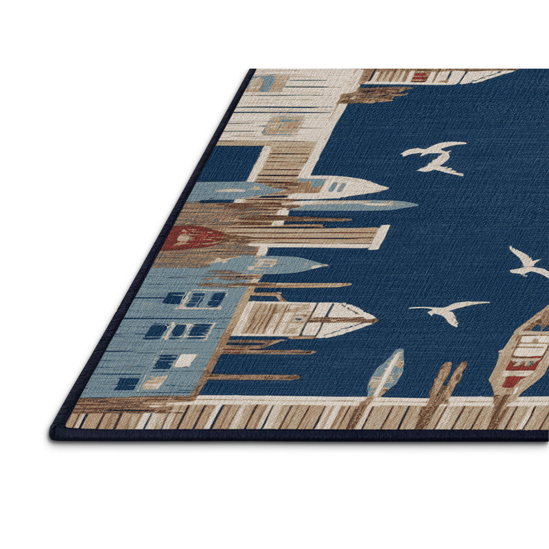 Washable Harbor Scenes Nautical Area Rug, Round 4'