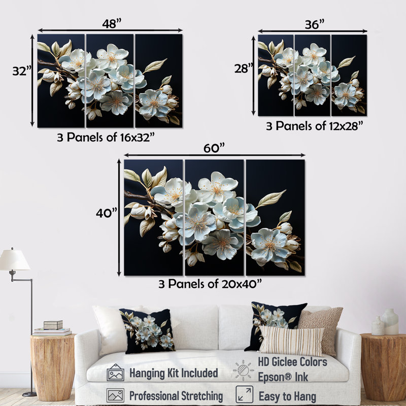 Minimalisme, art floral sur fond blanc, Toile tendue, H 40 po x l 60 po x P 1 po