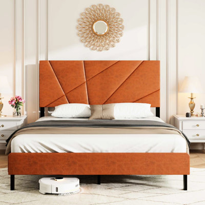 Structure de lit double pleine grandeur en brun rétro, sous-rangement, rembourrée avec tête de lit, plateforme carrée, sans sommier, facile à assembler, conception moderne pour cadre de chambre à coucher brun, structure, à ressorts