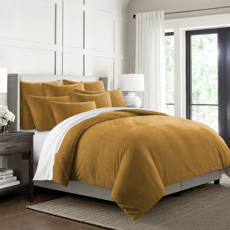 Cascade Velvet Solid Colour  Comforter Set 8 Piece, Yellow, Super King Comforter + 7 Additional Pieces