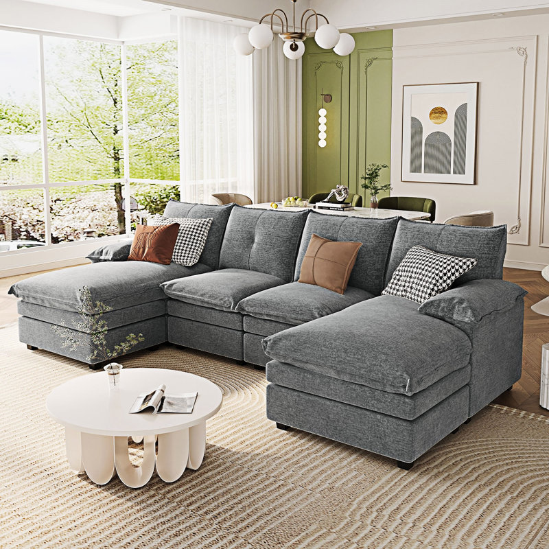 U-Shaped Sectional Sofa With Adjustable Armrest Pillows, Gray Polyester