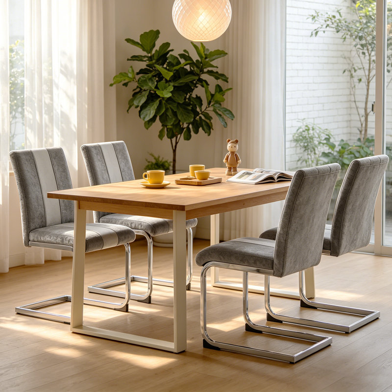 Modern Faux Leather/Suede Upholstered Armless Cantilever Dining Chair with Chrome Base, 4, Suede Light Grey