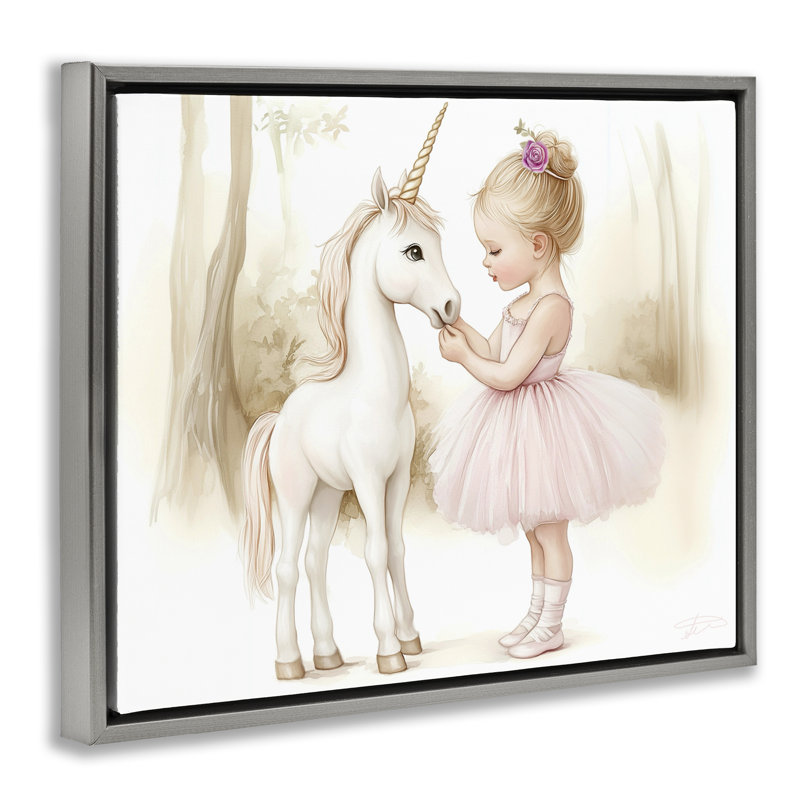 Cadre flottant Girl & Unicorn Friendship, design par Whimsical Wonders, H 17 po x l 21 po, Cadre flottant gris lustré