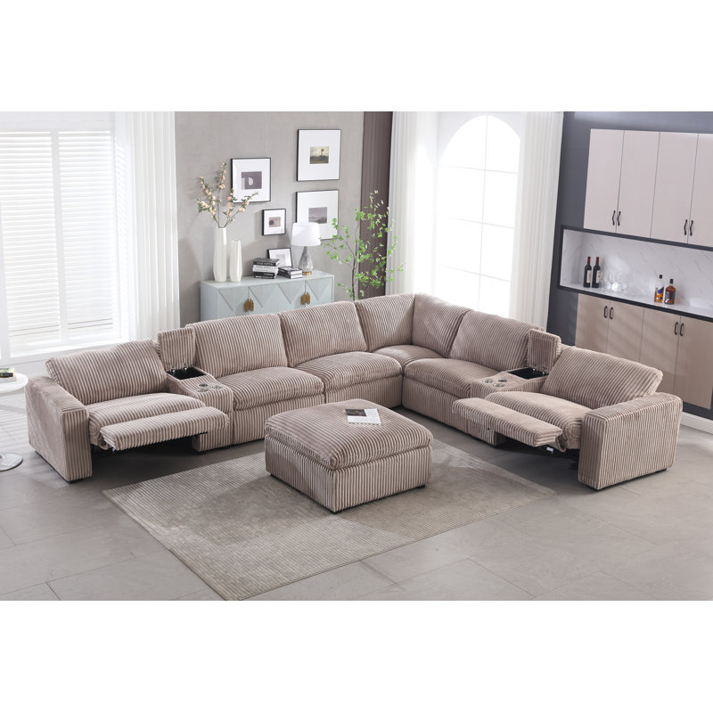 9 Piece Modern Corduroy L Shaped Power Reclining Sectional Couch with Storage & Wireless Charging, Mushroom Taupe Corduroy