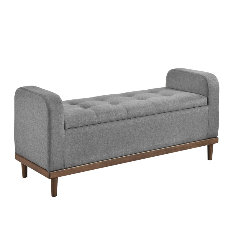 Bedroom Furniture, Mid-Century Modern Lift Top Bench, Gray Upholstered, Solid Wood Walnut Storage, Textured Upholstery,, Gray