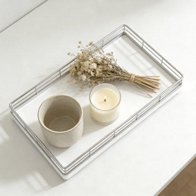 Wood Vanity Tray With Iron Mesh Edges, Bathroom Countertop Organizer For Dresser, Kitchen, Coffee Bar, And Home Decor
