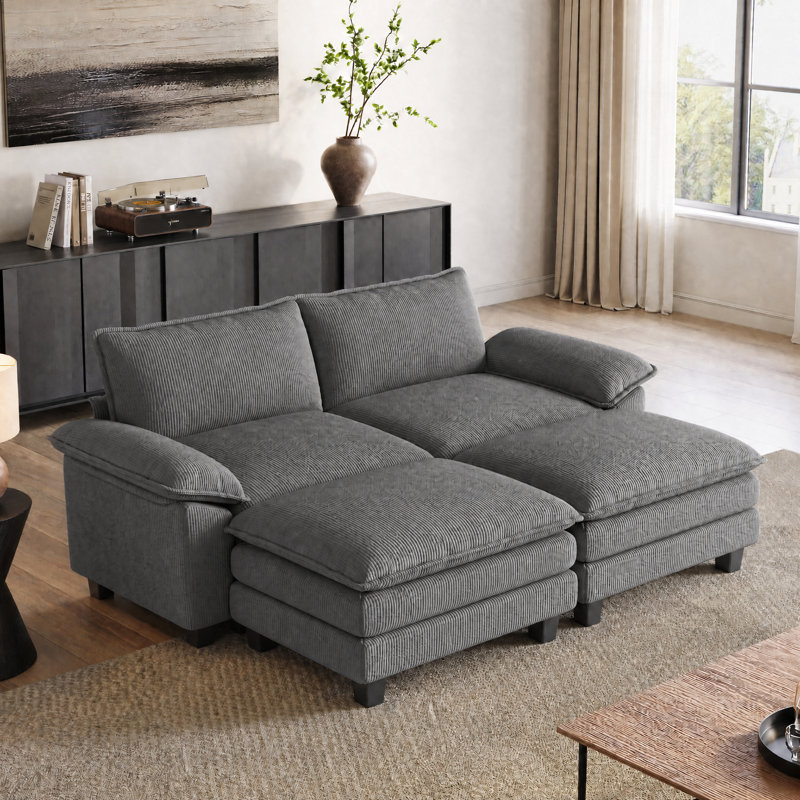 Canapé modulaire rembourré 90 po avec deux repose-pieds Colbey, 34.64'' H X 123.62'' W X 60.62'' D, Velours côtelé gris Lena