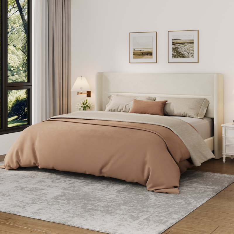 Structure de lit très grand en velours avec tête de lit à oreilles, cadre de lit tapissier avec lattes de bois, aucun sommier requis, assemblage facile, beige