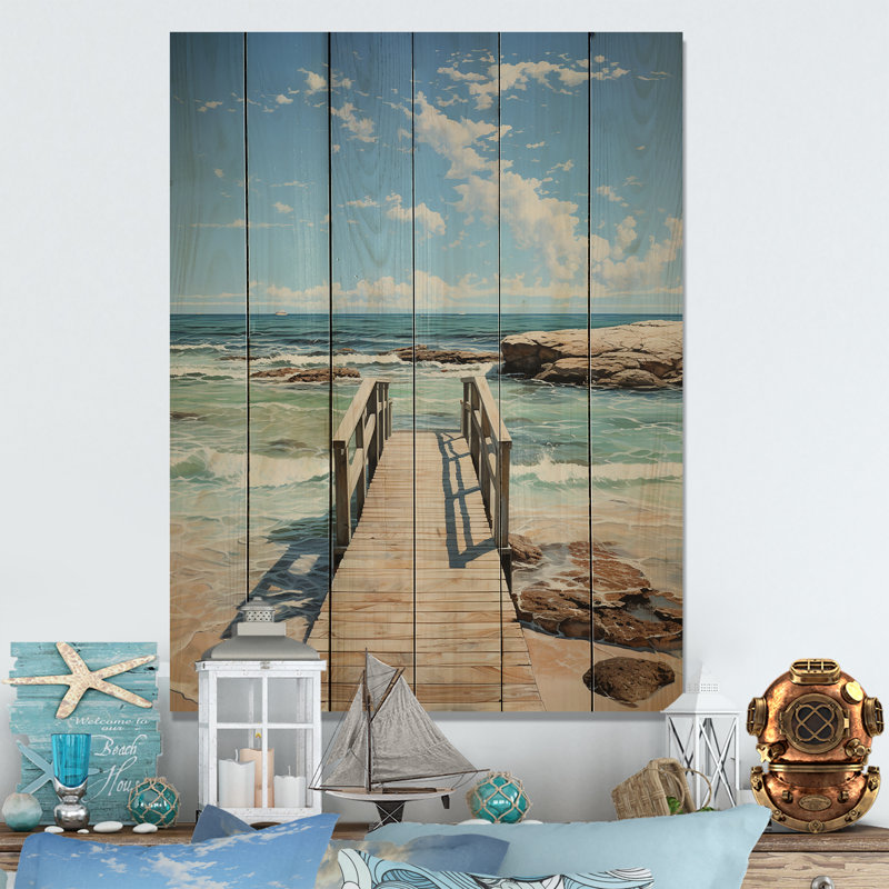 Jetée et quai côtier I - Impression nautique et de plage sur bois de pin naturel, H 40 po x l 30 po x P 0,78 po