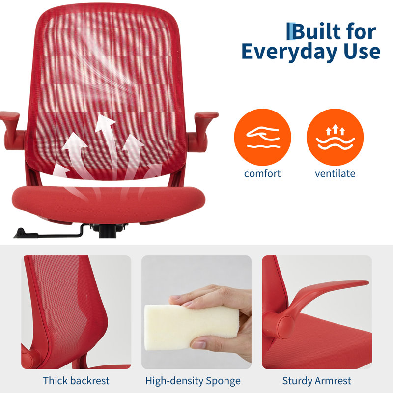 Chaise de bureau ergonomique à accoudoirs rotatifs, Rouge, Rouge