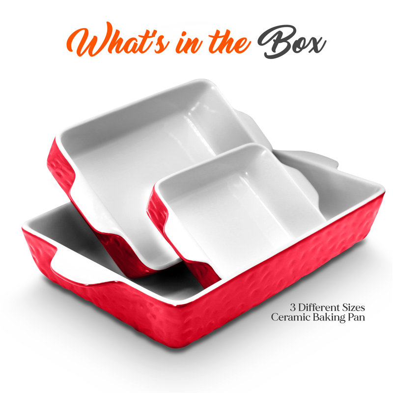 Red 3-Piece Rectangular Ceramic Bakeware Set with Non-Stick Coating