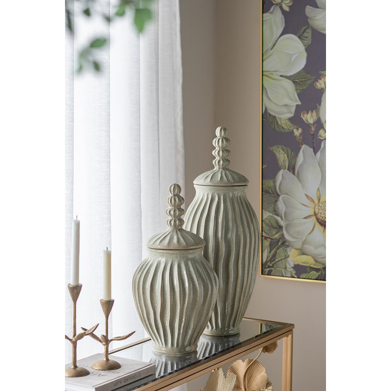  Decorative Ceramic Jar with Textured Motif and Spherical Finial Lid, Overall Height- 25.5"