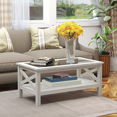 Table basse de style campagnard avec plateau en verre trempé et tablette de rangement HOMcom