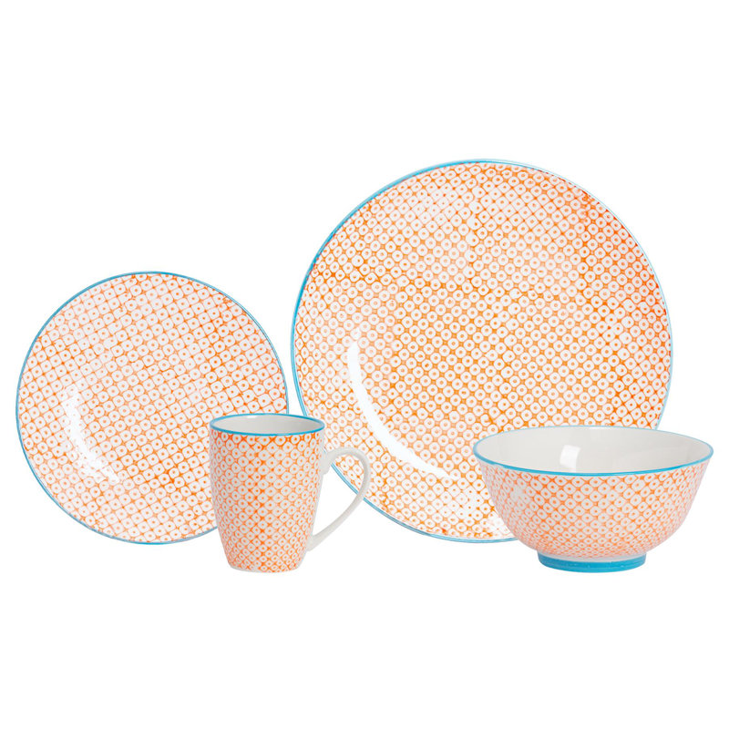 Nicola Spring - 24 Piece Hand-Printed Dinner Set - Orange