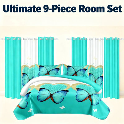 9-Piece Bedding & Curtain Combo Set, Teal Blue Butterfly Quilted Bedspread with 6 Matching Window Panels & 2 Pillow Shams, Microfiber Lightweight Coverlet, Pet Friendly & Wrinkle Free
