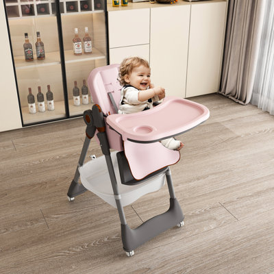 Chaise haute rose ajustable de 0 à 6 ans, avec plateau en PP, inclinable à 3 positions, coussin imperméable et sac de rangement pour la chambre à coucher avec ajustement de mois à 4 plateaux, salle à manger ergonomique