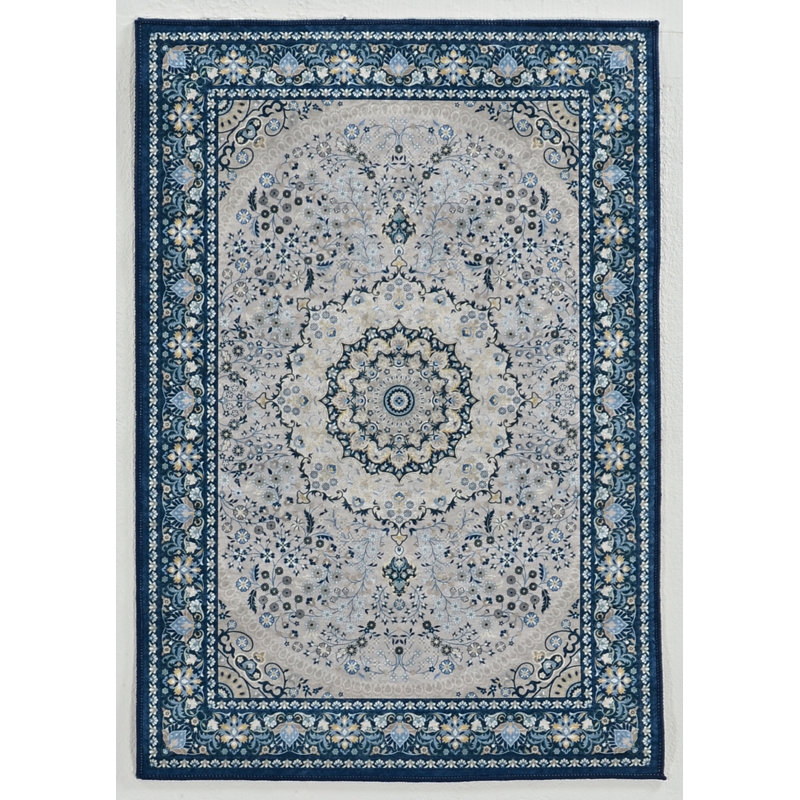 Emanuel Traditional Machine Woven Flatweave Cream and Blue Area Rug with Non Skid Backing, Rectangle 2'2" X 3'2"