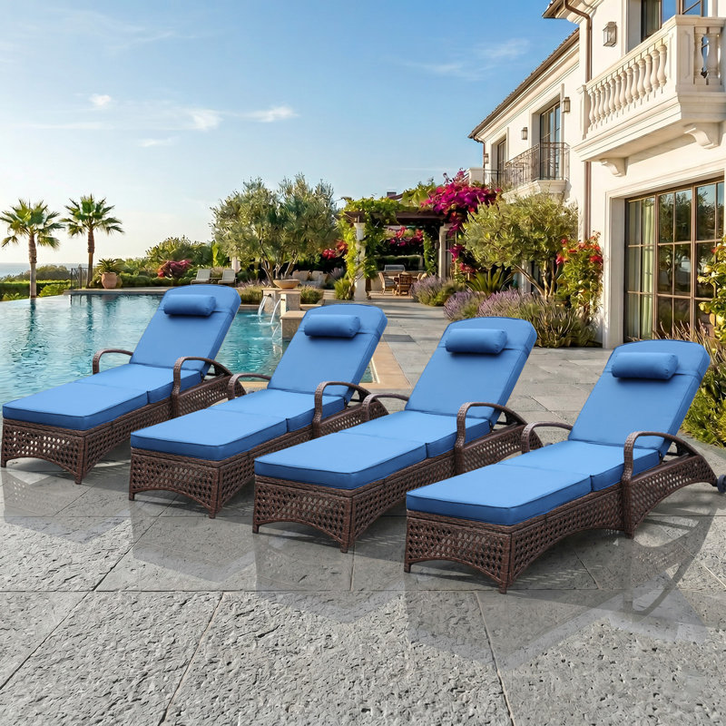 Set of 4 Outdoor Wicker Chaise Lounge Chairs with 6 Adjustable Reclining Position,Wheels,Thickened Cushion & Pillow, Blue