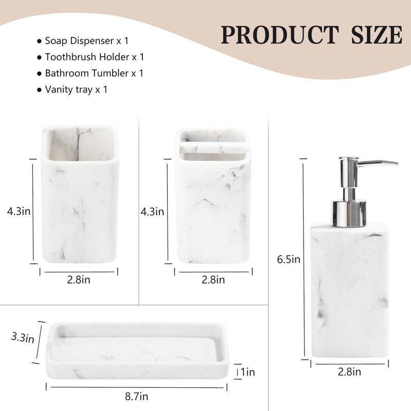 Ensemble d'accessoires de salle de bain, ensemble d'accessoires de salle de bain 4 pièces, distributeur de savon, porte-brosse à dents, ensemble de support Cotton Swab, ensembles de salle de bain complets, ensemble de lavabo pour décor moderne, blanc