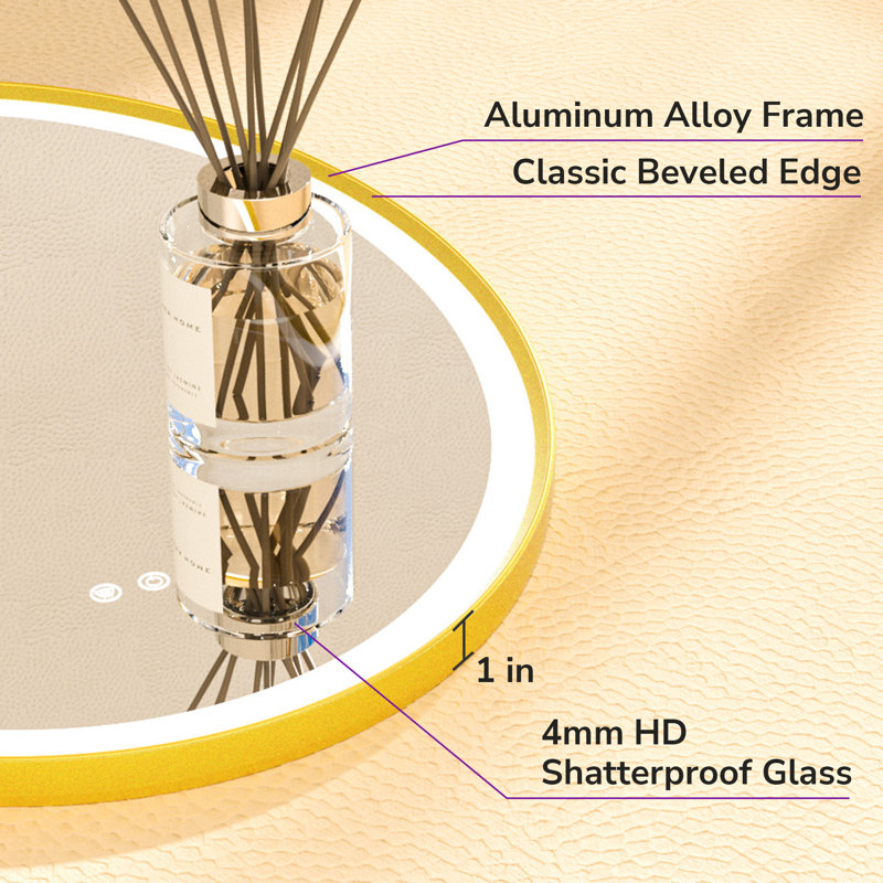 Chatmon Oval Dimmable LED Anti-Fog Bathroom Mirror, Gold, 28" x 20"