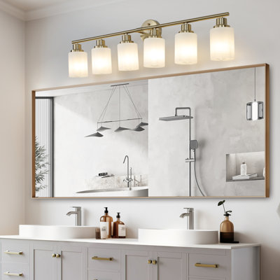 Modern 6- Golden Bathroom Vanity , Frosted Glass Shades, Wall Mounted Illumination Fixture,